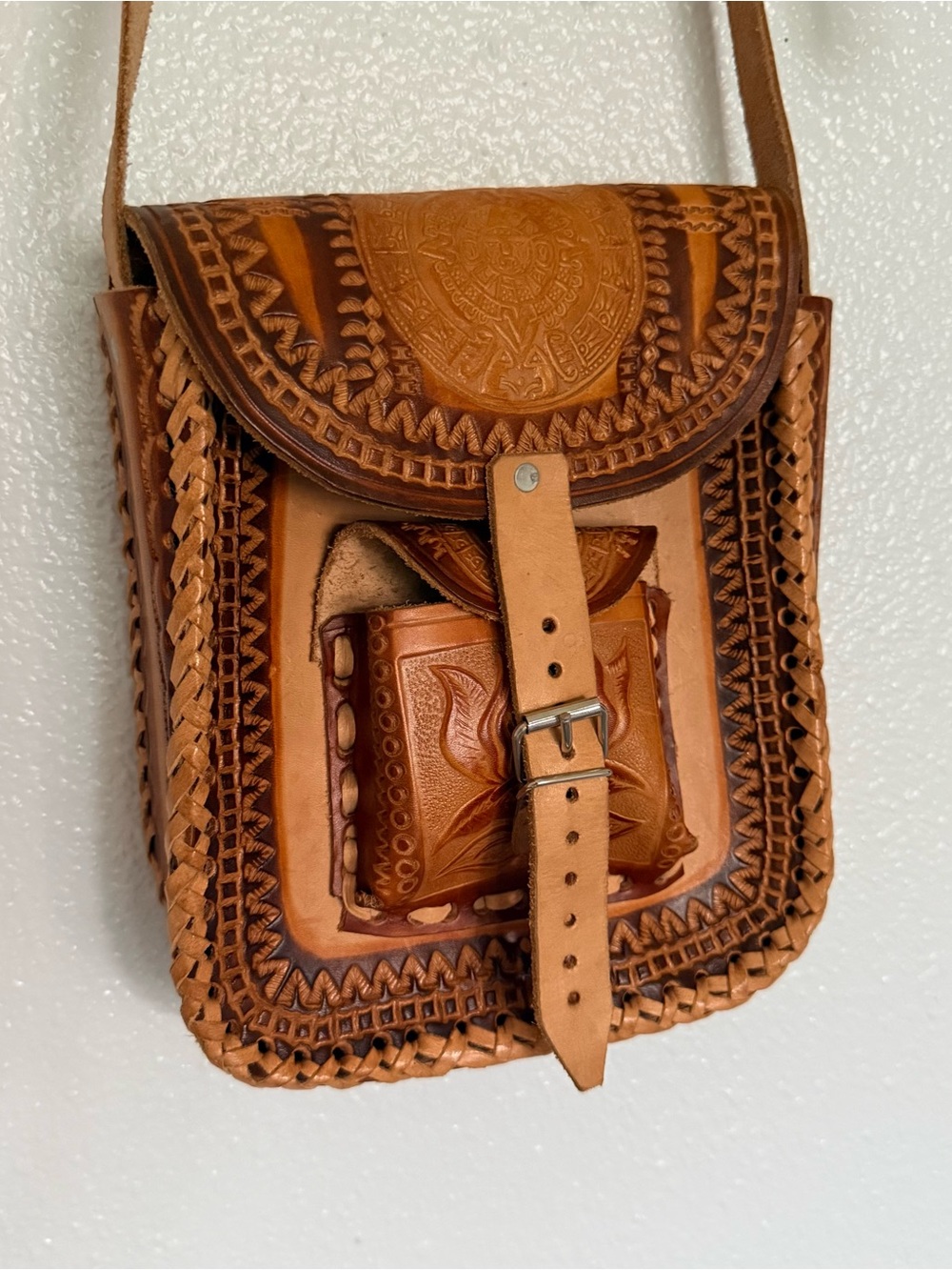 Hand-Tooled Leather Crossbody Bag - Tan - handmade in Mexico - Aztec 90s boho